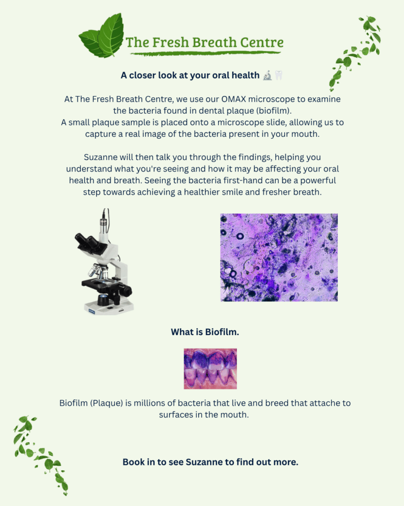 Plaque bacteria seen under an OMAX microscope at The Fresh Breath Centre